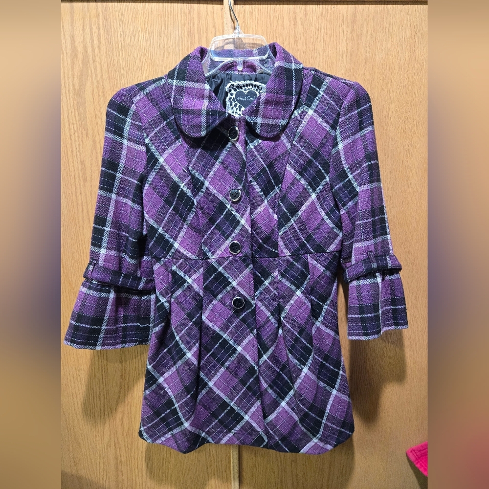 Heart Soul Purple Plaid Women's Pea Coat